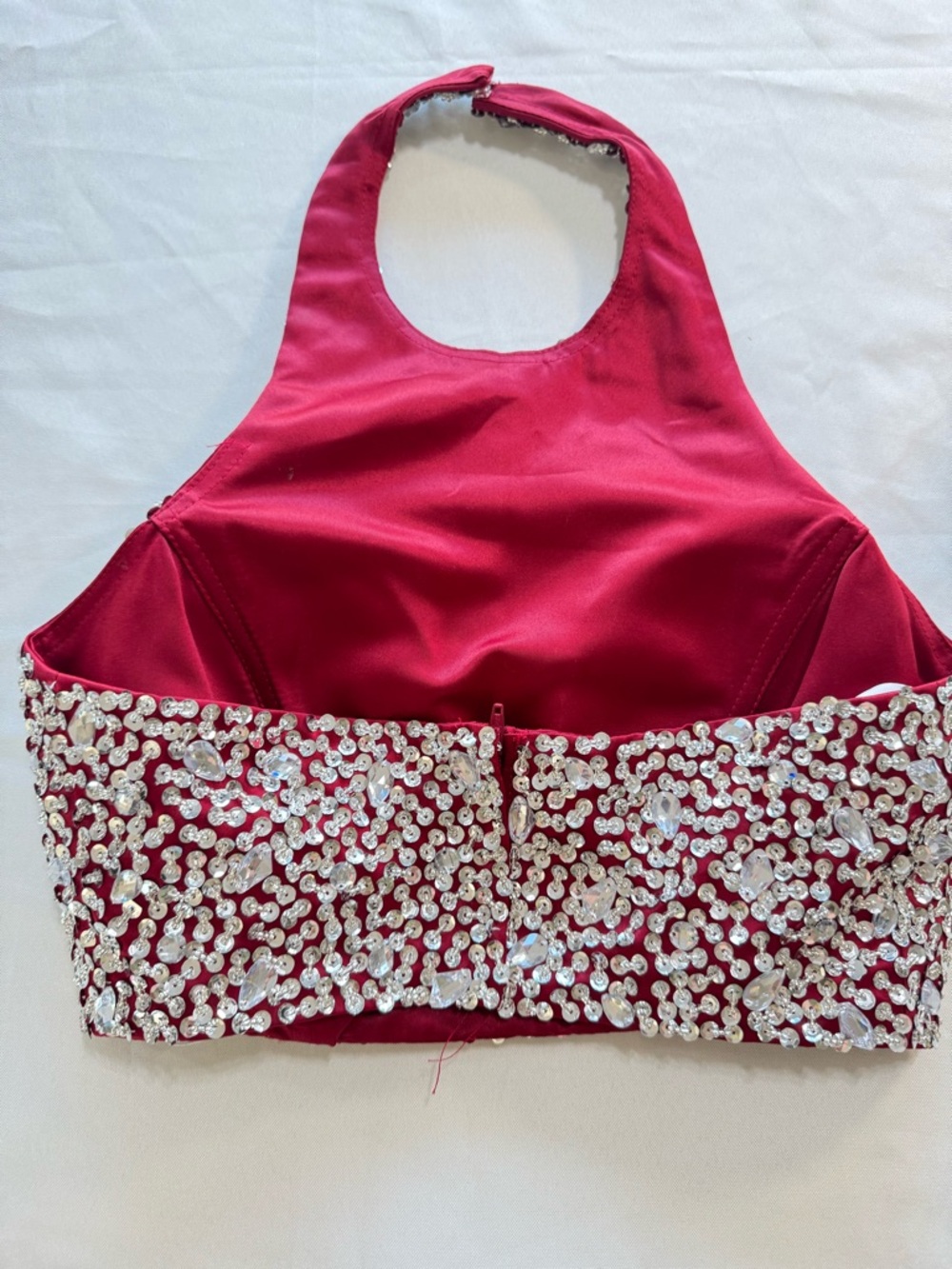 Red Rhinestone Two Piece Prom Dress Set Halter Beaded Formal - Picture 4 of 16
